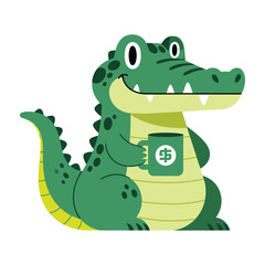 Fototapeta premium Cute Green Crocodile Character Holding a Coffee Mug with a Dollar Sign Symbol Isolated Design