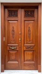 Obraz premium A pair of intricately carved wooden double doors