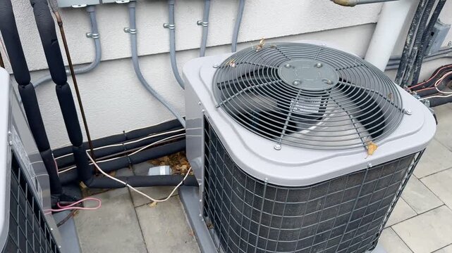 Residential Outdoor HVAC Condenser Units.Modern residential air conditioning condenser units installed beside a house with paved walkway and visible utility connections.
