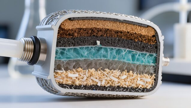 Detailed cross-section of a multilayer filter cartridge. Industrial equipment for air purification, water treatment, activated carbon adsorption, and fine particle filtration