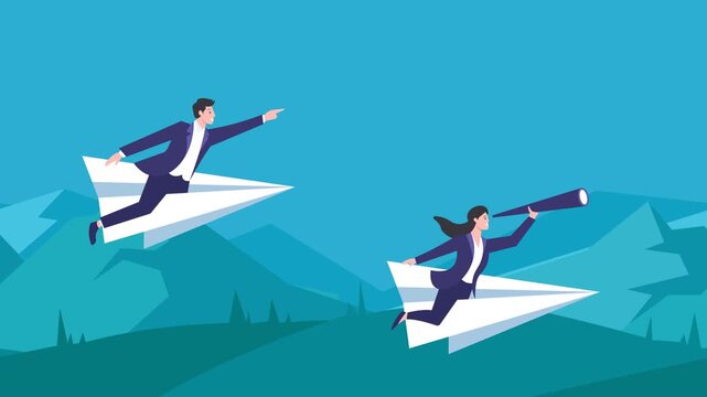 Flat design business animation featuring two professional people flying on paper airplanes while looking ahead with a telescope. Suitable for concepts of leadership, teamwork, business vision, startup