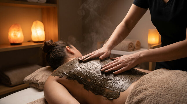 Body mud wrap treatment, therapist applying thermal clay mask, spreading motion with steam, dimly lit spa, body care