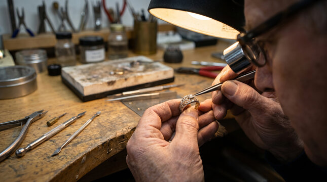 Senior jeweler repairing gold ring, tweezers and magnifying lens, focused work, jewelry workbench, craftsmanship photography