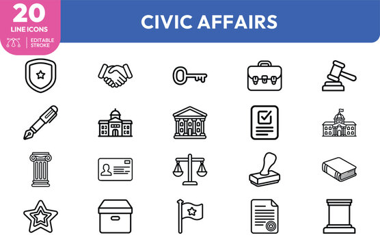 Civic affairs icons line art set for government governance and public policy concepts in minimalist black and white style for dashboards
