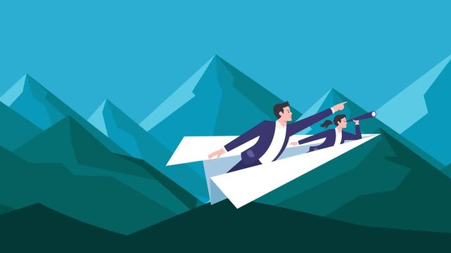 Modern flat animation showing business professionals flying on paper airplanes toward future goals. Perfect for themes of leadership, teamwork, innovation, startup success, motivation, and business st