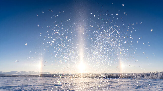 Spectacular diamond dust ice crystal shimmer phenomenon with prismatic sparkles in cold winter air