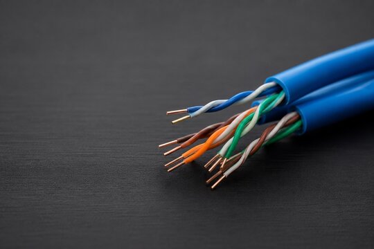 Twisted copper network cable ends on dark desk for technology background