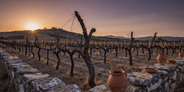 A vineyard landscape at sunset features gnarled, bare grapevines on trellises, a stone wall with terracotta pots, and distant rolling hills bathed in warm golden hour light.