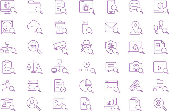 Digital investigation icon collection forensic analysis data tracking cybersecurity minimalist vector