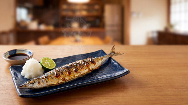 Perfectly grilled sanma pacific saury with crispy golden skin grated daikon and sudachi on