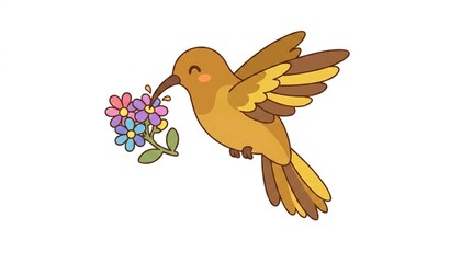 Cute yellow brown hummingbird drinking nectar from flower cartoon vector © minarul