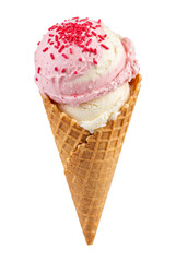 Fototapeta premium Pink strawberry ice cream cone with sprinkles isolated on transparent background