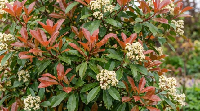 Close-up of a Vibrant Red Robin Bush with Creamy White Flowers.