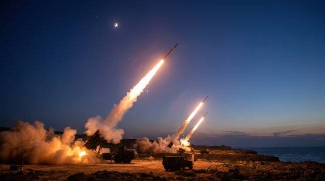 Military Rocket Launch at Dusk with Fiery Trails Against a Starry Sky.