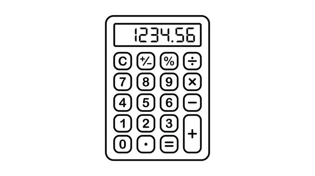 Vector illustration of calculator with display showing numbers and grid of buttons including numeric, arithmetic, and function keys symbolizing mathematics, finance, and education design