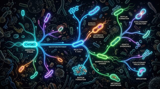 This shows mutation pathways of E. coli, focusing on genetic divergence, environmental adaptations, and antibiotic resistance over time.