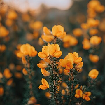 Close-up of bright yellow gorse flowers with blurred background