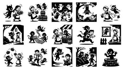 Naklejka premium Mischievous Devil Imps and Girl in Fantasy Folklore Scenes Black and White Cartoon Vector Illustration Set