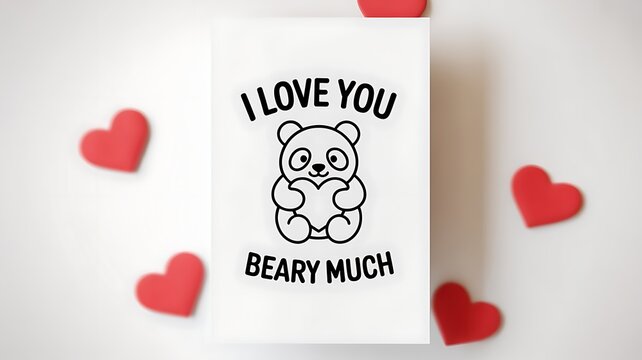 Valentines day card with cute panda bear and red hearts on white background