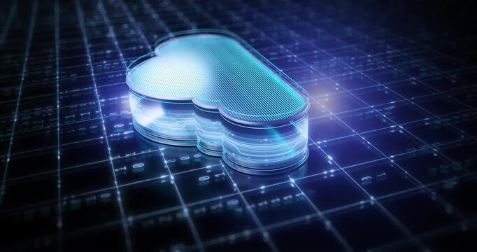 Glowing cloud computing symbol floats above a futuristic digital network interface with blue neon lighting.