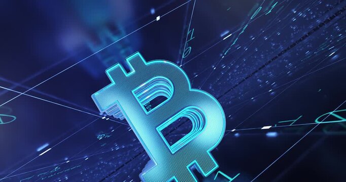 Dynamic 3D animation of a glowing blue Bitcoin cryptocurrency symbol with a digital mesh texture, surrounded by streaming data lines and light particles in a high-tech cyberspace.
