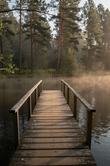 Fototapeta premium A weathered wooden boardwalk stretches along a rugged shoreline, its worn railings extending into the misty morning air.