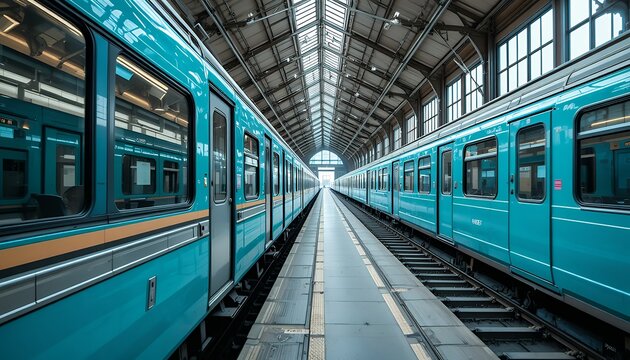 Train station teal trains at platform, urban transit photo