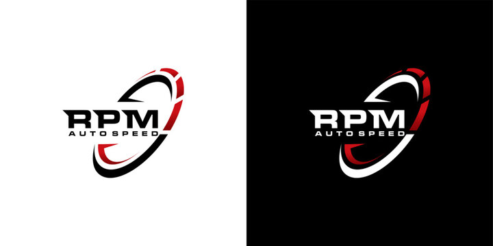 Modern RPM Autospeed Logo Design with Dynamic Red Swirl on Isolated White and Black Backgrounds
