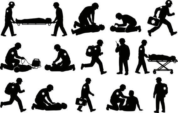 Paramedic emergency medical rescue silhouettes vector icon set isolated