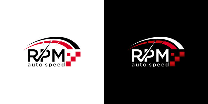 Dynamic RPM Auto Speed Logo Design with Tachometer and Checkered Flag Elements on Isolated White and Black Backgrounds