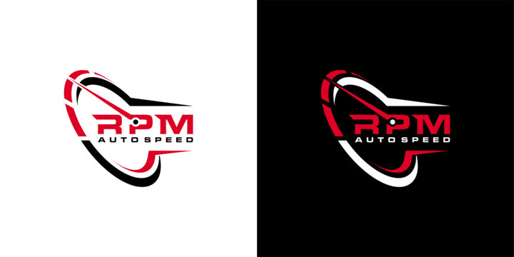 Dynamic RPM Auto Speed Logo with Speedometer Design on Isolated White and Black Backgrounds