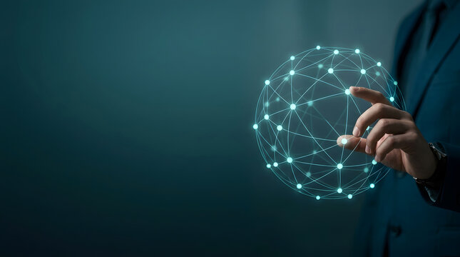 Businessman hand touching glowing plexus sphere hologram representing global network connection and international business