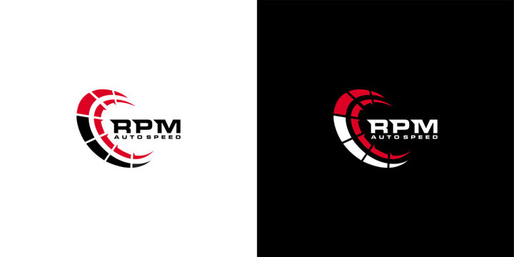 Dynamic RPM Auto Speed Logo Design with Modern Tachometer Graphic, presented on isolated white and black backgrounds.