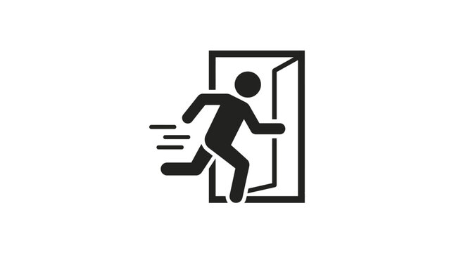 Vector pictogram of person running through doorway symbolizing emergency exit, escape route, safety signage, evacuation, and urgency illustrated in simple geometric black and white design