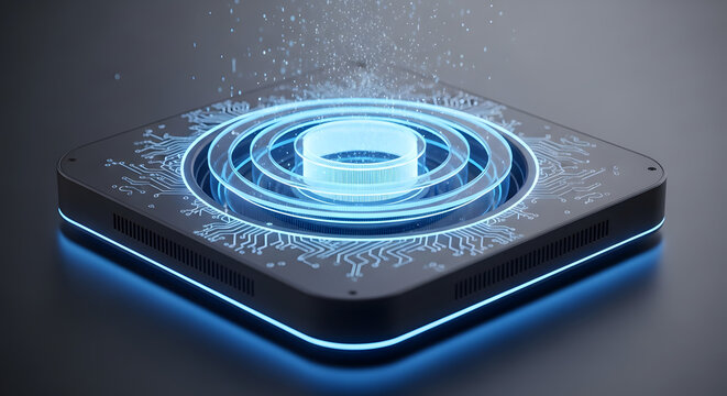Electronic Circuitry Board with Concentric Blue Energy Waves Representing Advanced Microprocessor Capability and High-Tech Computing
