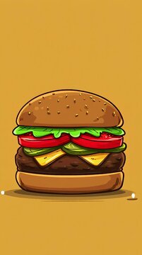 A cartoon double cheeseburger on a mustard yellow background