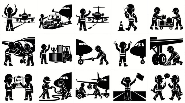 Airport workers in silhouette, black and white icons, aviation industry service