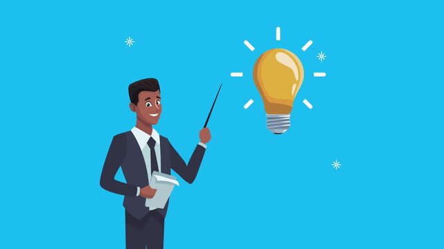 Afro businessman pointing at light bulb idea concept in flat style animation.