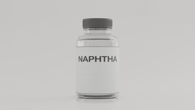Photorealistic 3D visualization of naphtha in a bottle.