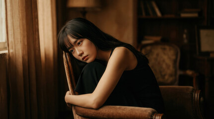 Fototapeta premium Sad young Asian woman sitting on chair in dark room.
