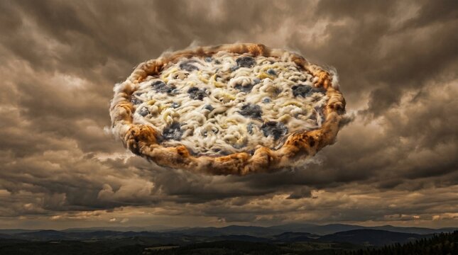 A surreal image of a blueberry pizza floating in the air against a dramatic cloudy sky with a mountainous landscape in the background at sunset