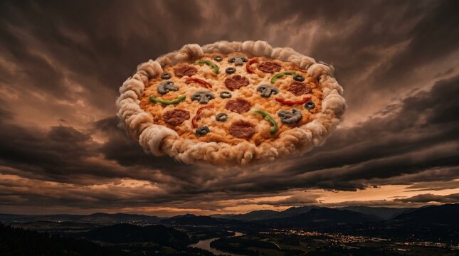 A surreal image of a pepperoni pizza floating in the air above a scenic landscape with mountains and a river at sunset with a cloudy sky