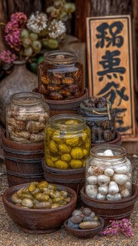 Assortment of Preserved Foods in Jars and Bowls