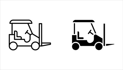 Naklejka premium Forklift truck line icon set. Forklift truck loading cardboard boxes isolated on white background