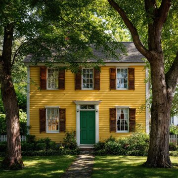 Bright Yellow House with Green Door and Mature Trees