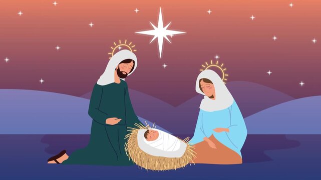 A serene nativity scene with saint joseph and mary adoring baby jesus in a manger, with a shining star overhead and gentle night sky motion.