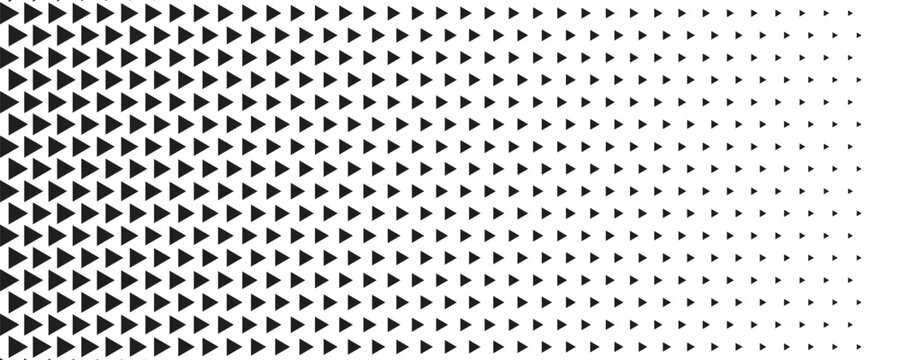 Fading triangle halftone gradient texture. Abstract geometric background. Tech triangular halfton gradation pattern. Vanishing mosaic arrow wallpaper for poster, banner, booklet. Vector backdrop