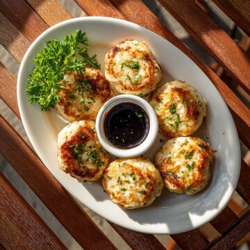 Crab Cakes with Dipping Sauce and Parsley Garnish