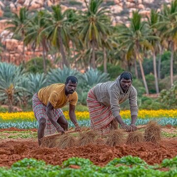 Farmers working in a field with palm trees and flowers