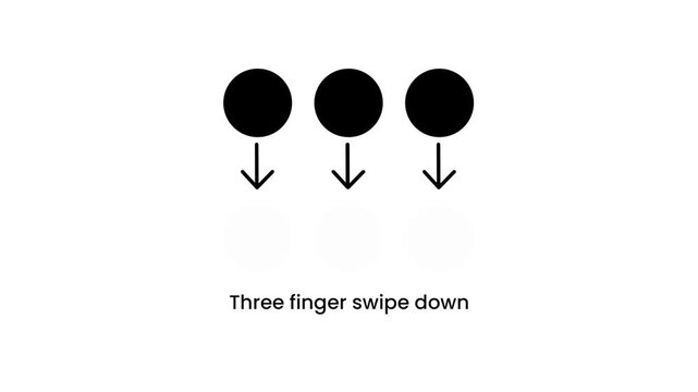 Three large dots arranged horizontally with downward arrows labeled Three Finger Swipe Down showing a multi-finger gesture